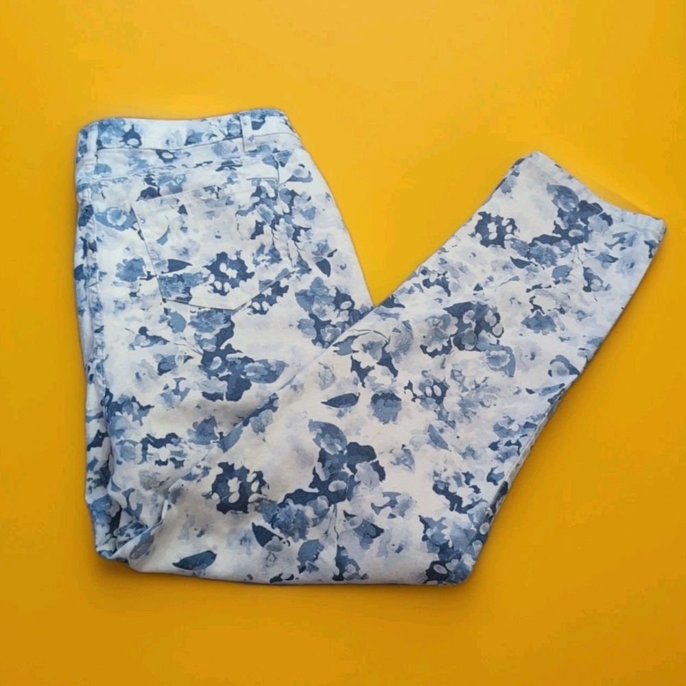 Jessica London Stretch Blue‎ & White Floral Straight Leg Pants Womens Sz16 EUC